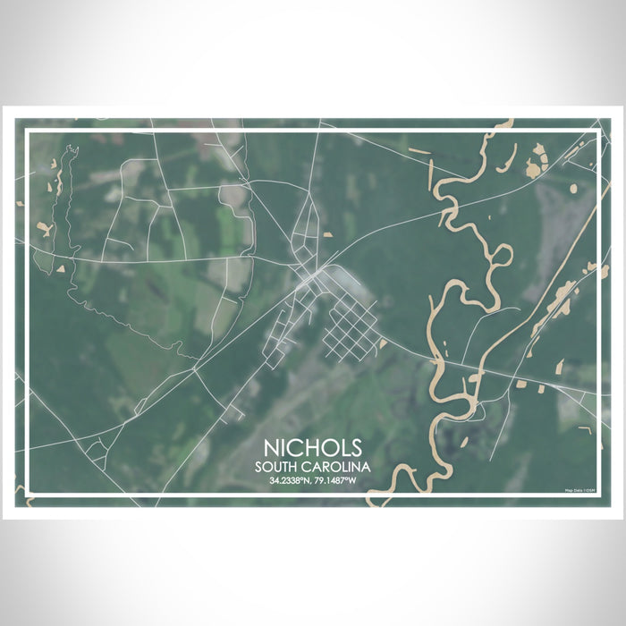 Nichols South Carolina Map Print Landscape Orientation in Afternoon Style With Shaded Background