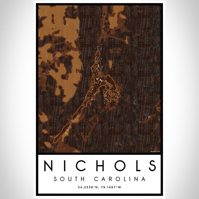 Nichols South Carolina Map Print Portrait Orientation in Ember Style With Shaded Background