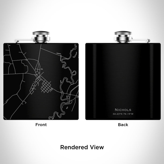 Rendered View of Nichols South Carolina Map Engraving on 6oz Stainless Steel Flask in Black