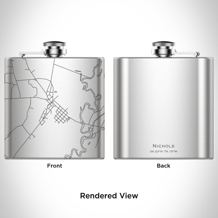 Rendered View of Nichols South Carolina Map Engraving on 6oz Stainless Steel Flask