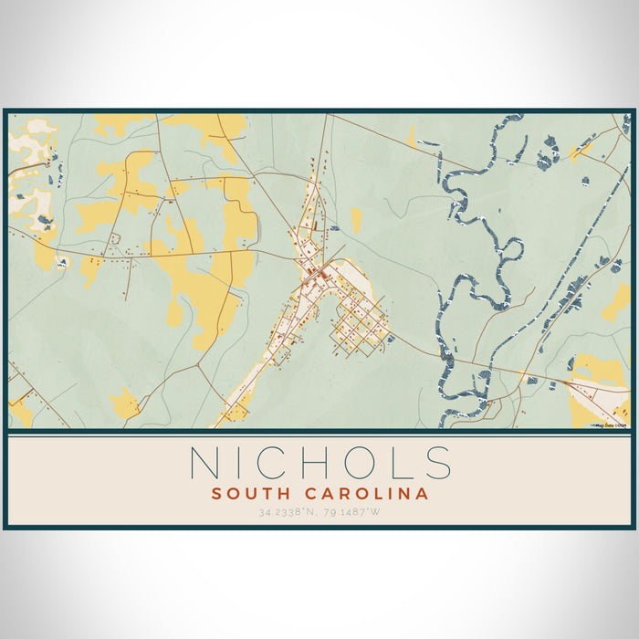 Nichols South Carolina Map Print Landscape Orientation in Woodblock Style With Shaded Background