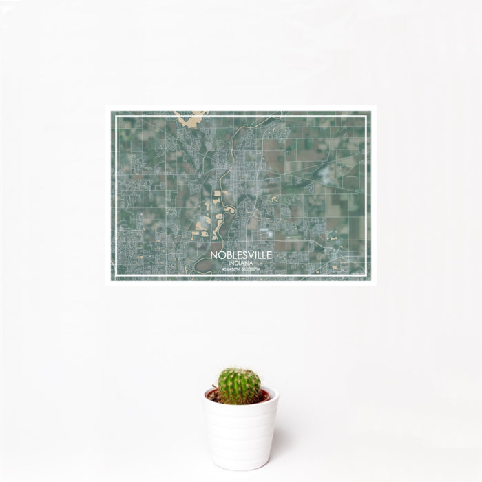 12x18 Noblesville Indiana Map Print Landscape Orientation in Afternoon Style With Small Cactus Plant in White Planter