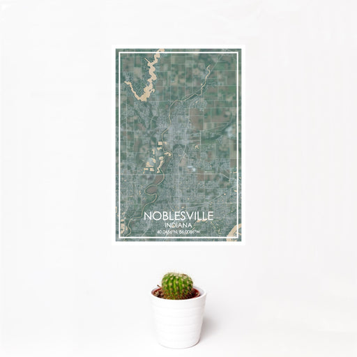 12x18 Noblesville Indiana Map Print Portrait Orientation in Afternoon Style With Small Cactus Plant in White Planter