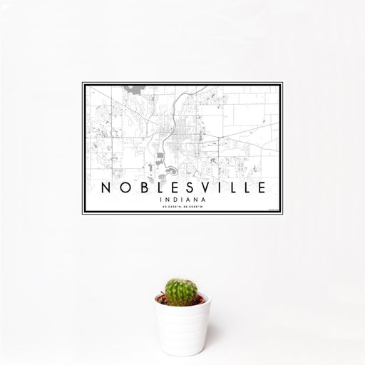 12x18 Noblesville Indiana Map Print Landscape Orientation in Classic Style With Small Cactus Plant in White Planter