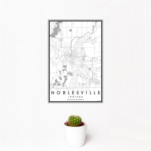 12x18 Noblesville Indiana Map Print Portrait Orientation in Classic Style With Small Cactus Plant in White Planter