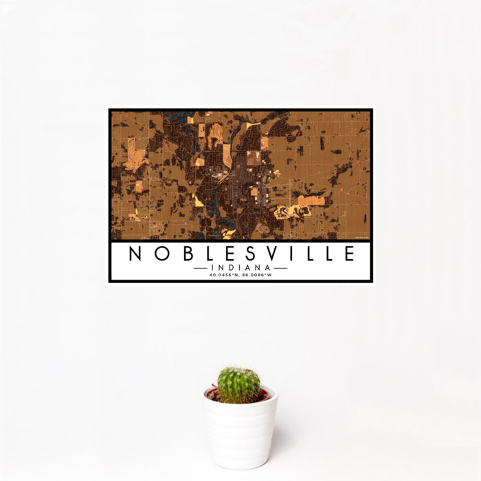 12x18 Noblesville Indiana Map Print Landscape Orientation in Ember Style With Small Cactus Plant in White Planter