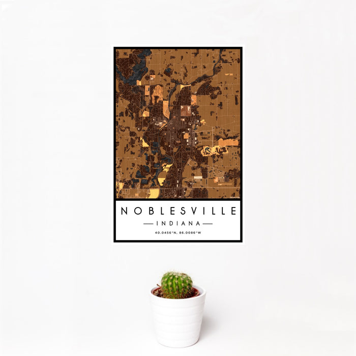 12x18 Noblesville Indiana Map Print Portrait Orientation in Ember Style With Small Cactus Plant in White Planter