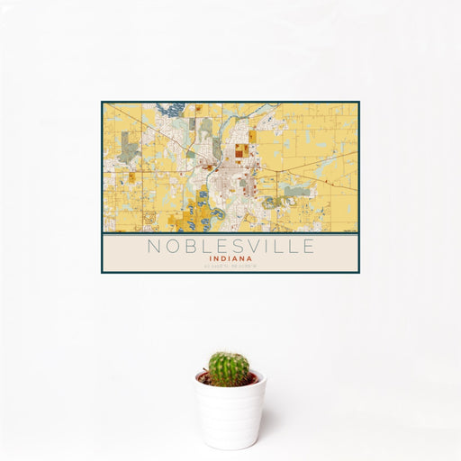 12x18 Noblesville Indiana Map Print Landscape Orientation in Woodblock Style With Small Cactus Plant in White Planter