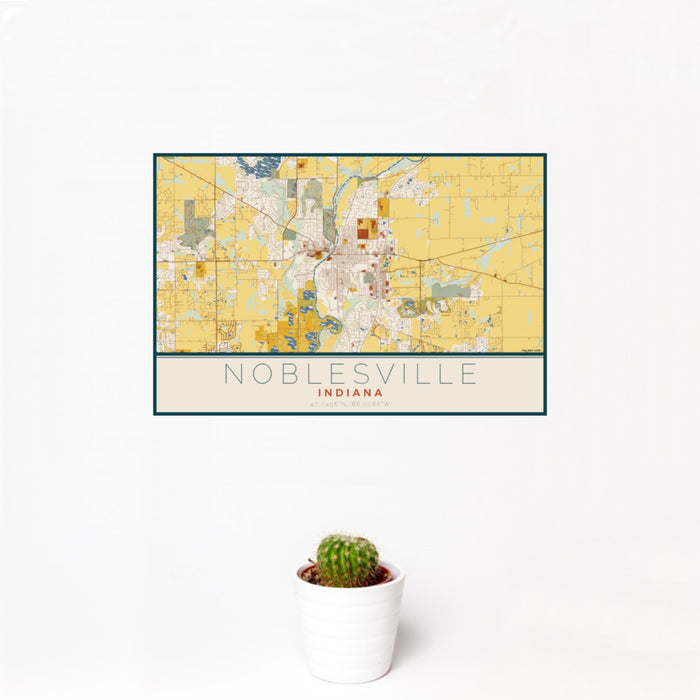 12x18 Noblesville Indiana Map Print Landscape Orientation in Woodblock Style With Small Cactus Plant in White Planter