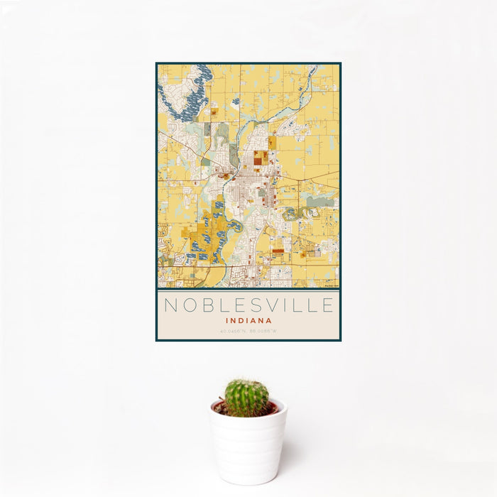 12x18 Noblesville Indiana Map Print Portrait Orientation in Woodblock Style With Small Cactus Plant in White Planter