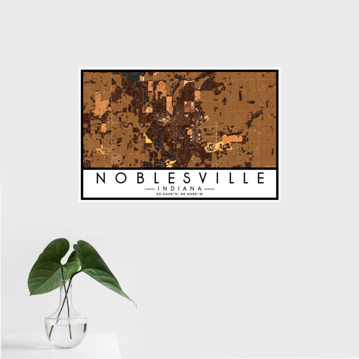 16x24 Noblesville Indiana Map Print Landscape Orientation in Ember Style With Tropical Plant Leaves in Water