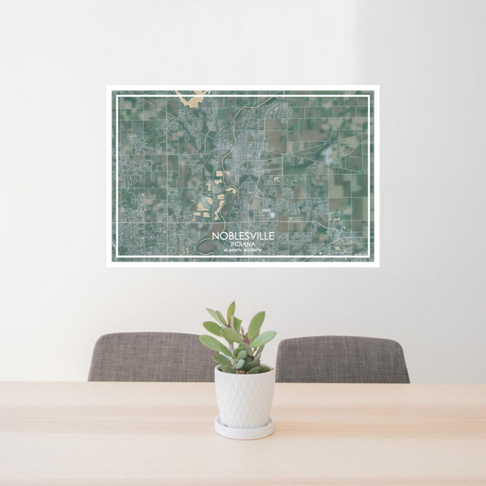 24x36 Noblesville Indiana Map Print Lanscape Orientation in Afternoon Style Behind 2 Chairs Table and Potted Plant