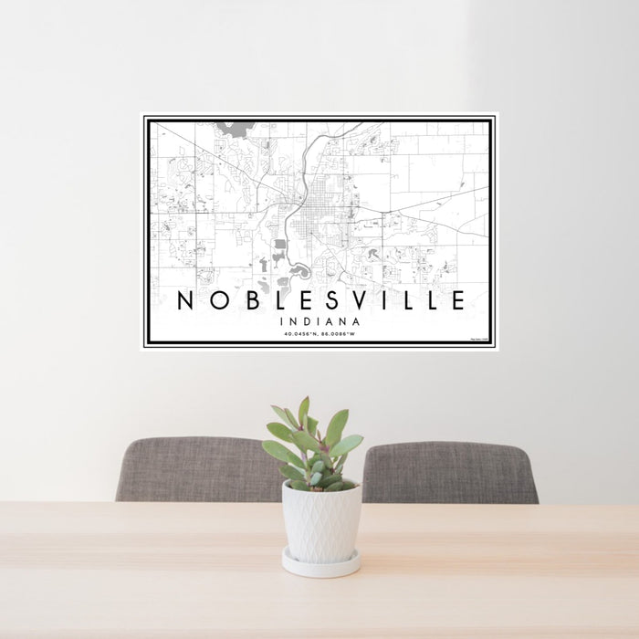 24x36 Noblesville Indiana Map Print Lanscape Orientation in Classic Style Behind 2 Chairs Table and Potted Plant