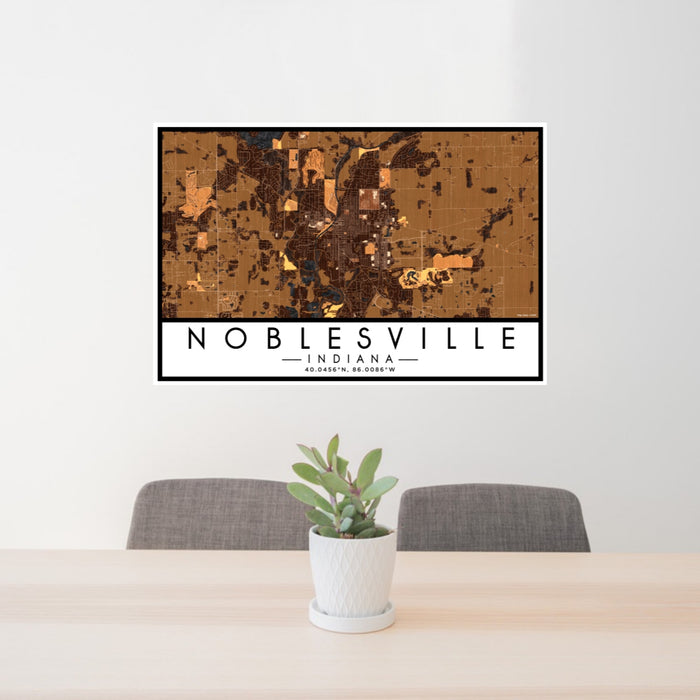 24x36 Noblesville Indiana Map Print Lanscape Orientation in Ember Style Behind 2 Chairs Table and Potted Plant