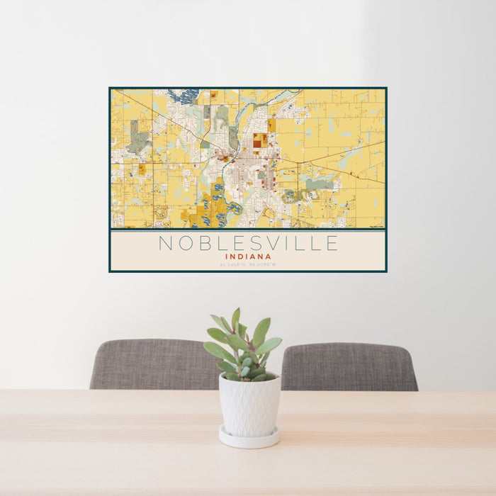 24x36 Noblesville Indiana Map Print Lanscape Orientation in Woodblock Style Behind 2 Chairs Table and Potted Plant