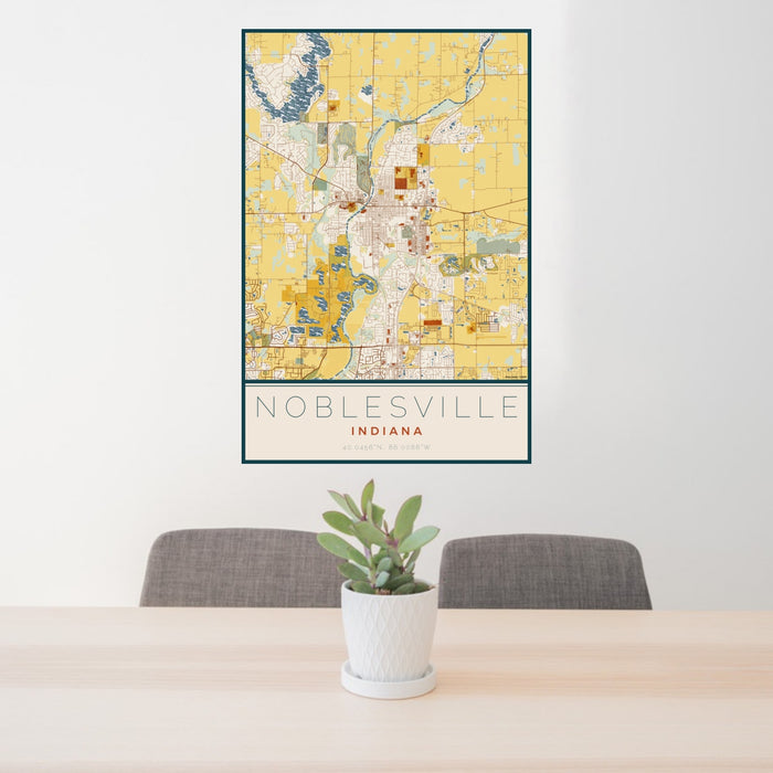24x36 Noblesville Indiana Map Print Portrait Orientation in Woodblock Style Behind 2 Chairs Table and Potted Plant