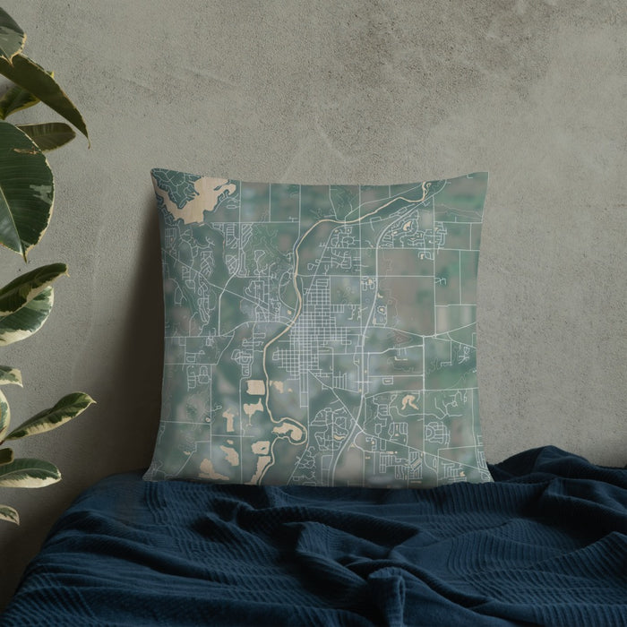 Custom Noblesville Indiana Map Throw Pillow in Afternoon on Bedding Against Wall