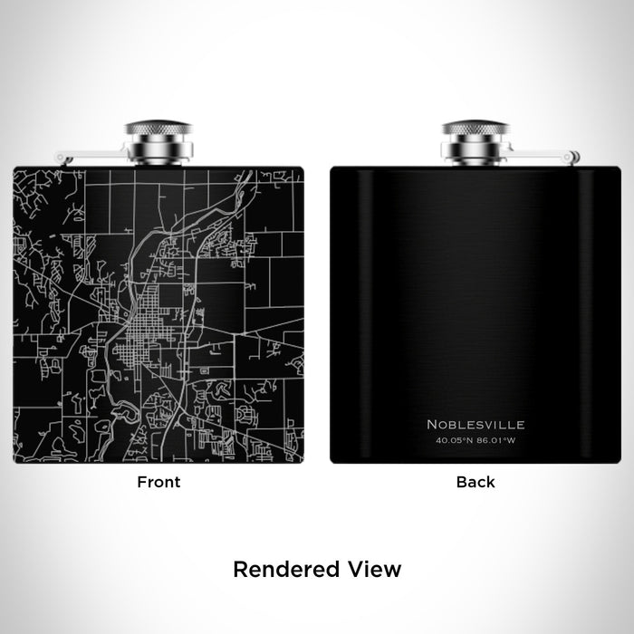 Rendered View of Noblesville Indiana Map Engraving on 6oz Stainless Steel Flask in Black