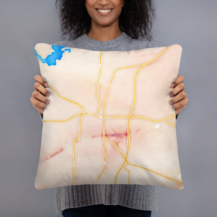 Person holding 18x18 Custom Noblesville Indiana Map Throw Pillow in Watercolor