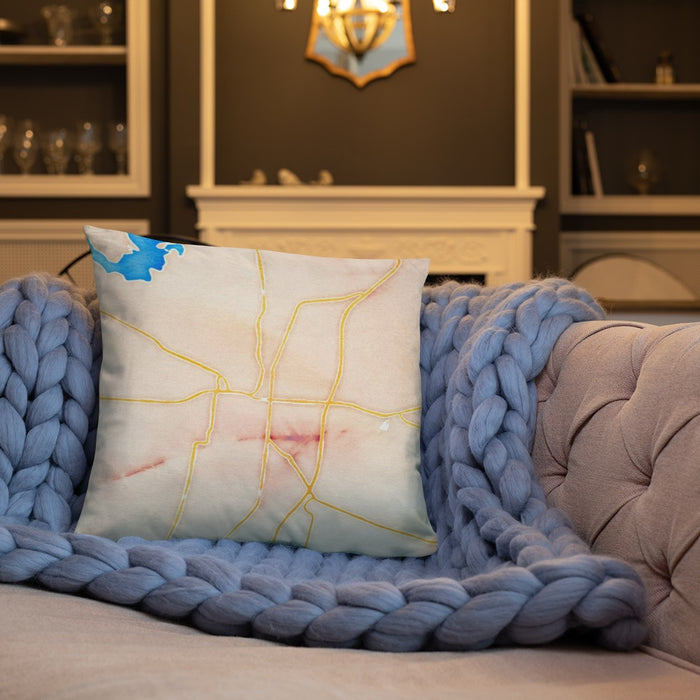 Custom Noblesville Indiana Map Throw Pillow in Watercolor on Cream Colored Couch