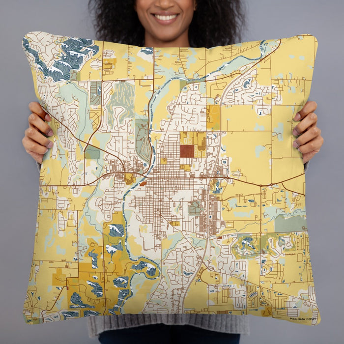 Person holding 22x22 Custom Noblesville Indiana Map Throw Pillow in Woodblock