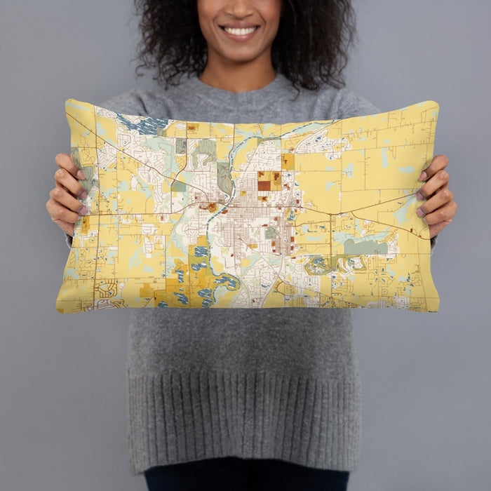 Person holding 20x12 Custom Noblesville Indiana Map Throw Pillow in Woodblock
