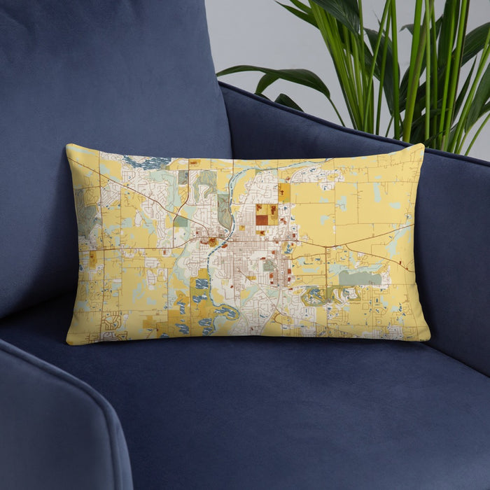 Custom Noblesville Indiana Map Throw Pillow in Woodblock on Blue Colored Chair