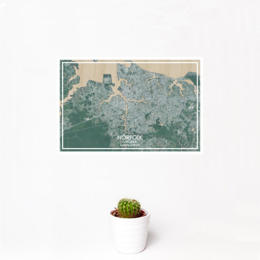12x18 Norfolk Virginia Map Print Landscape Orientation in Afternoon Style With Small Cactus Plant in White Planter