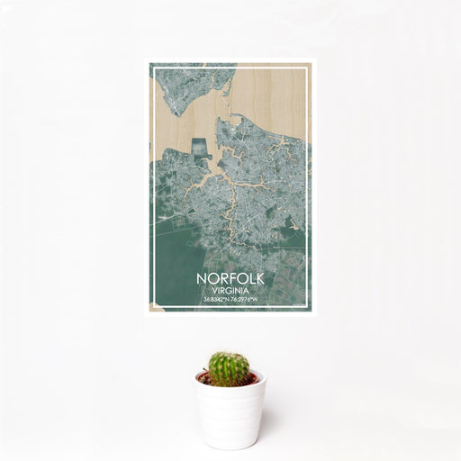 12x18 Norfolk Virginia Map Print Portrait Orientation in Afternoon Style With Small Cactus Plant in White Planter