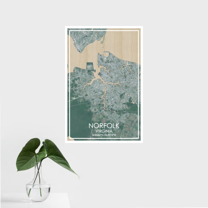 16x24 Norfolk Virginia Map Print Portrait Orientation in Afternoon Style With Tropical Plant Leaves in Water