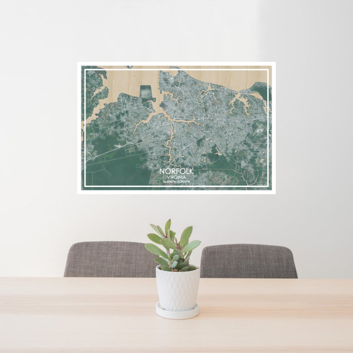 24x36 Norfolk Virginia Map Print Lanscape Orientation in Afternoon Style Behind 2 Chairs Table and Potted Plant