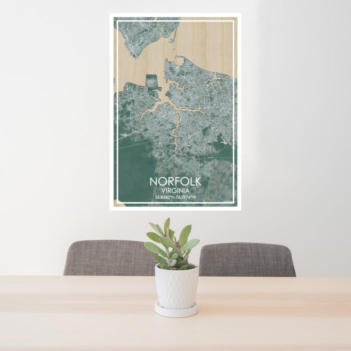 24x36 Norfolk Virginia Map Print Portrait Orientation in Afternoon Style Behind 2 Chairs Table and Potted Plant