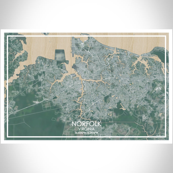 Norfolk Virginia Map Print Landscape Orientation in Afternoon Style With Shaded Background