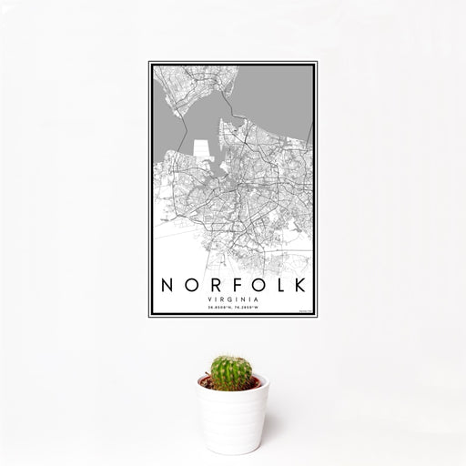 12x18 Norfolk Virginia Map Print Portrait Orientation in Classic Style With Small Cactus Plant in White Planter