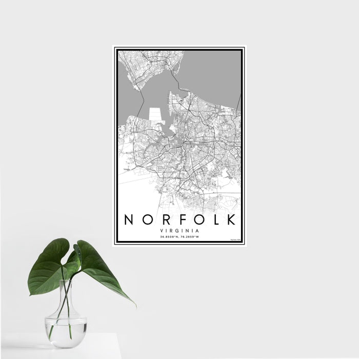 16x24 Norfolk Virginia Map Print Portrait Orientation in Classic Style With Tropical Plant Leaves in Water