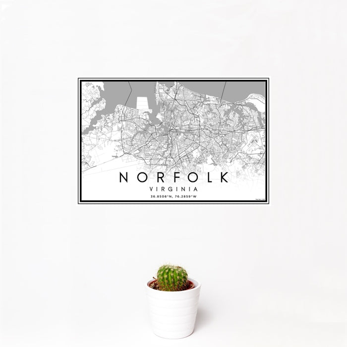 12x18 Norfolk Virginia Map Print Landscape Orientation in Classic Style With Small Cactus Plant in White Planter