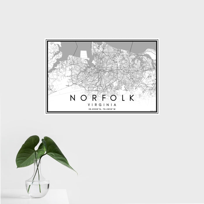 16x24 Norfolk Virginia Map Print Landscape Orientation in Classic Style With Tropical Plant Leaves in Water