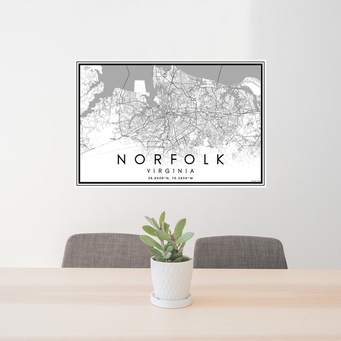 24x36 Norfolk Virginia Map Print Landscape Orientation in Classic Style Behind 2 Chairs Table and Potted Plant
