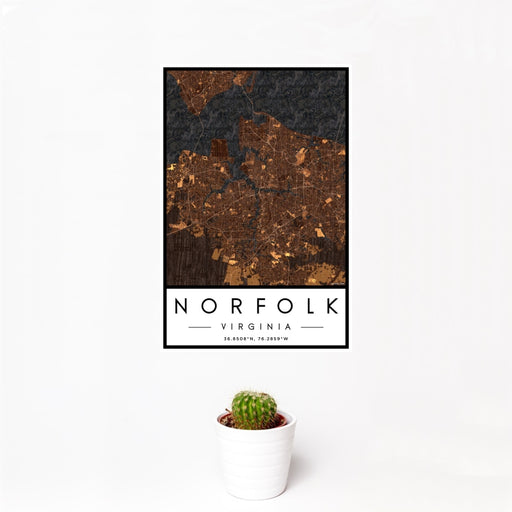 12x18 Norfolk Virginia Map Print Portrait Orientation in Ember Style With Small Cactus Plant in White Planter