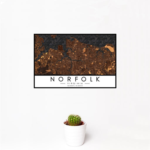 12x18 Norfolk Virginia Map Print Landscape Orientation in Ember Style With Small Cactus Plant in White Planter