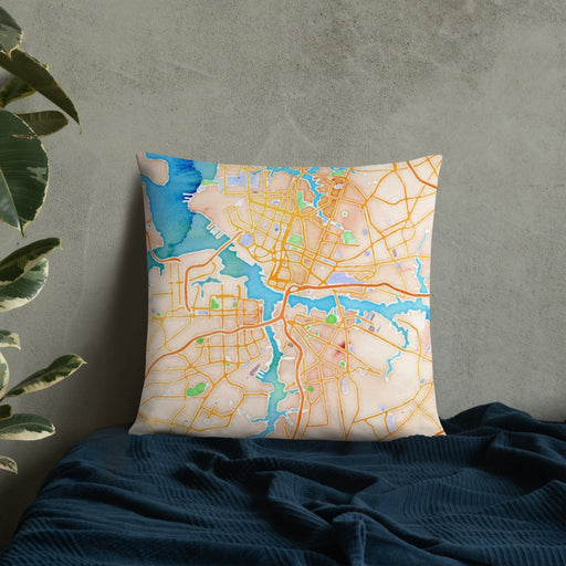 Custom Norfolk Virginia Map Throw Pillow in Watercolor on Bedding Against Wall