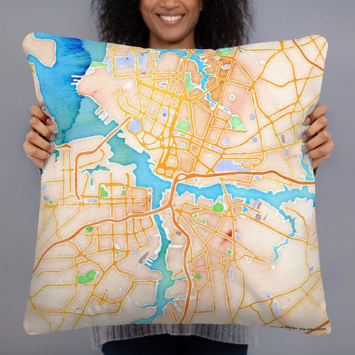Person holding 22x22 Custom Norfolk Virginia Map Throw Pillow in Watercolor