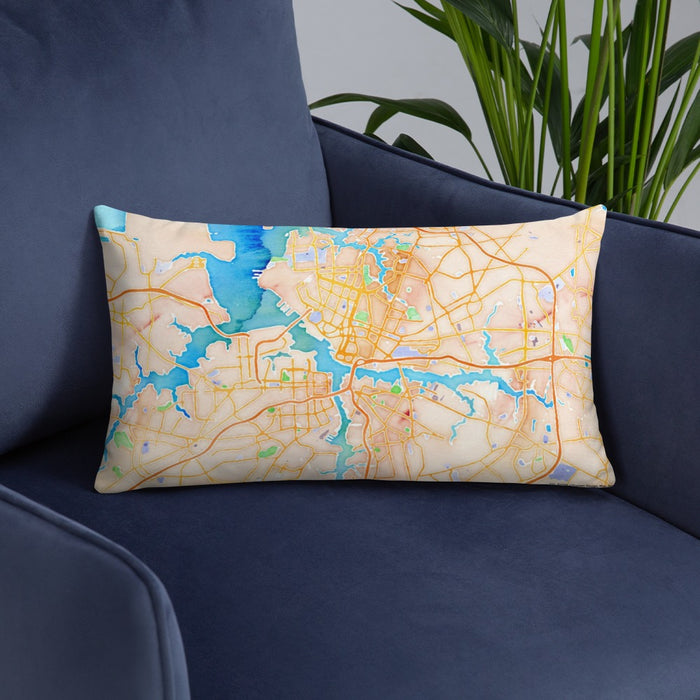 Custom Norfolk Virginia Map Throw Pillow in Watercolor on Blue Colored Chair