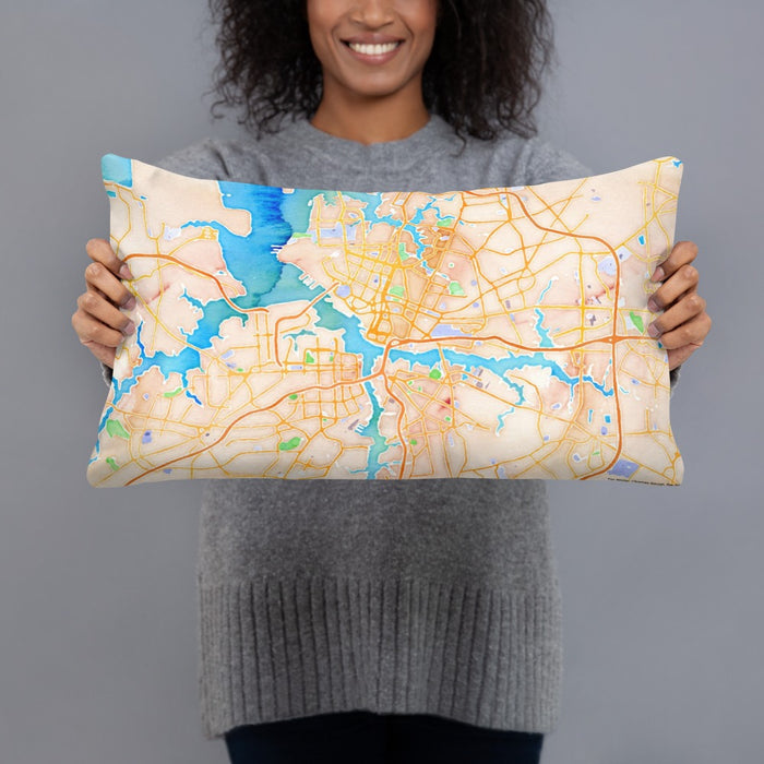 Person holding 20x12 Custom Norfolk Virginia Map Throw Pillow in Watercolor