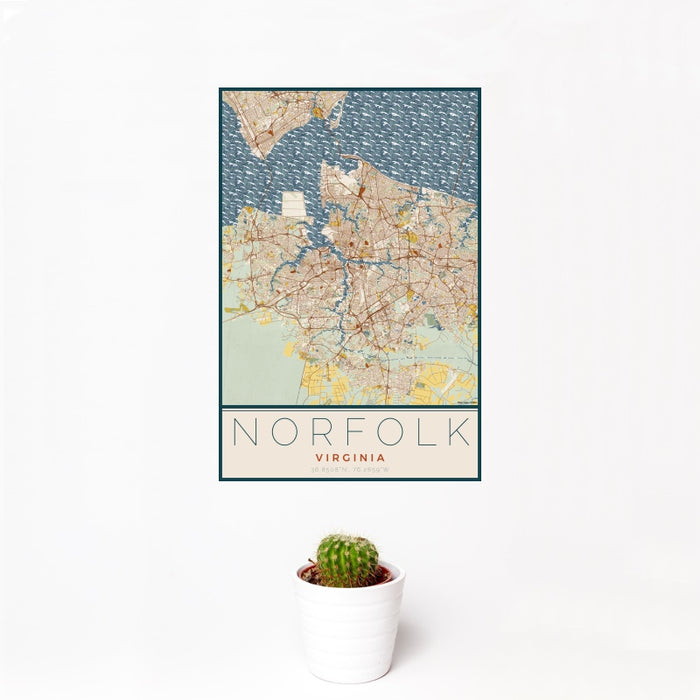 12x18 Norfolk Virginia Map Print Portrait Orientation in Woodblock Style With Small Cactus Plant in White Planter