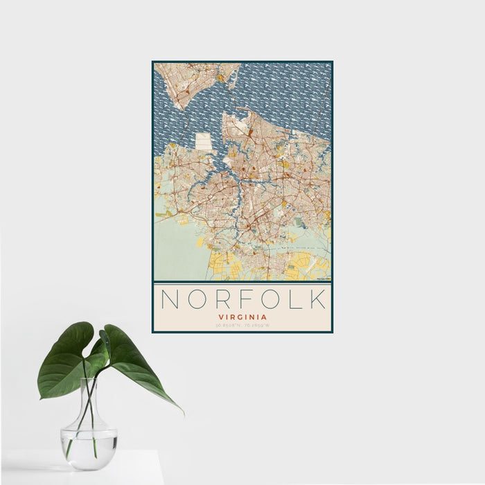 16x24 Norfolk Virginia Map Print Portrait Orientation in Woodblock Style With Tropical Plant Leaves in Water