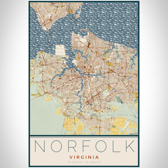 Norfolk Virginia Map Print Portrait Orientation in Woodblock Style With Shaded Background
