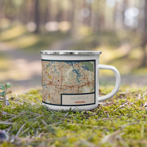 Right View Custom Norfolk Virginia Map Enamel Mug in Woodblock on Grass With Trees in Background