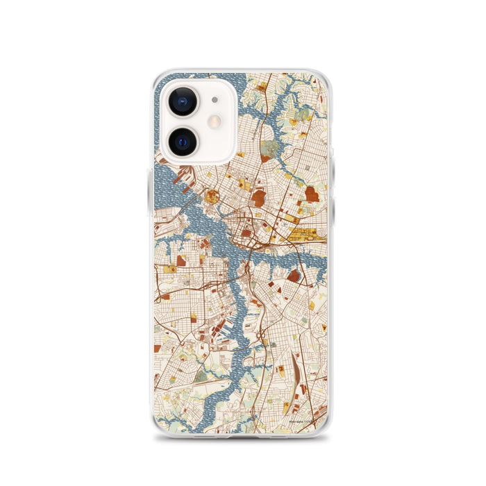 Custom Norfolk Virginia Map iPhone 12 Phone Case in Woodblock