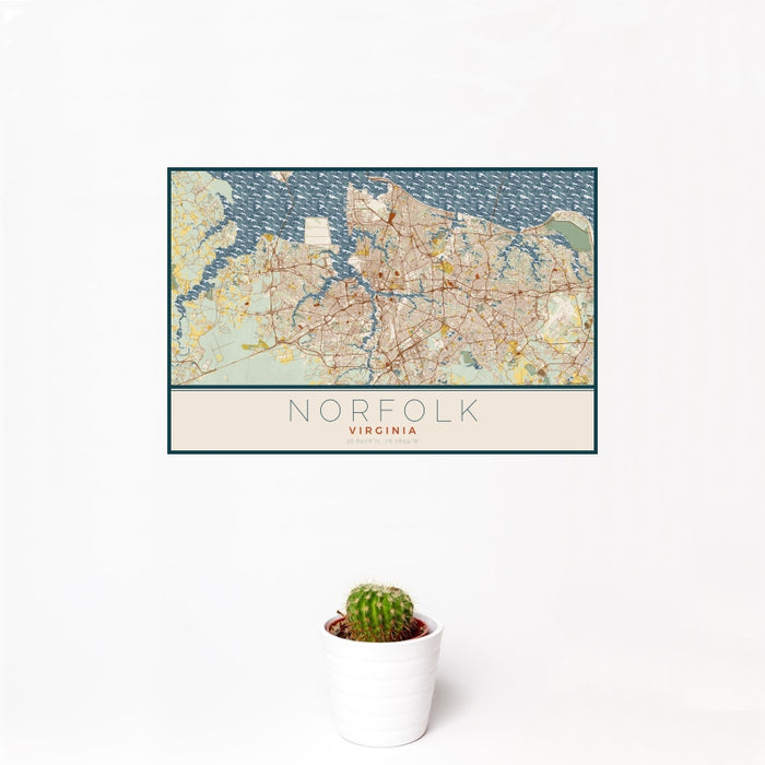 12x18 Norfolk Virginia Map Print Landscape Orientation in Woodblock Style With Small Cactus Plant in White Planter